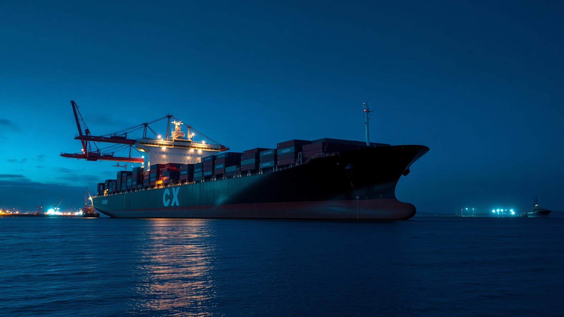 Container ship docked at port at blue hour
